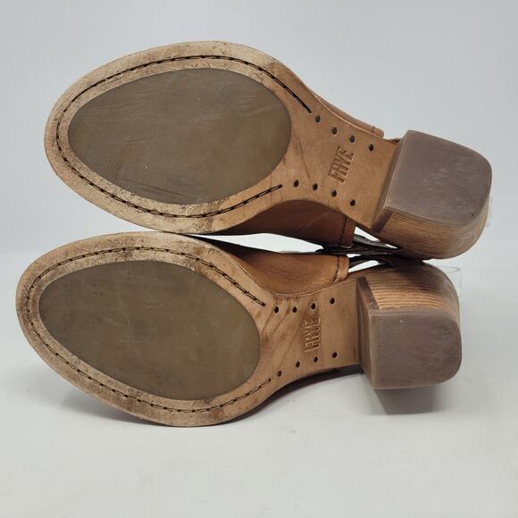 Frye Heels 6.5 Brown Leather Dani Shield Slingback Western Peep Toe Boho Sandals - Picture 8 of 10